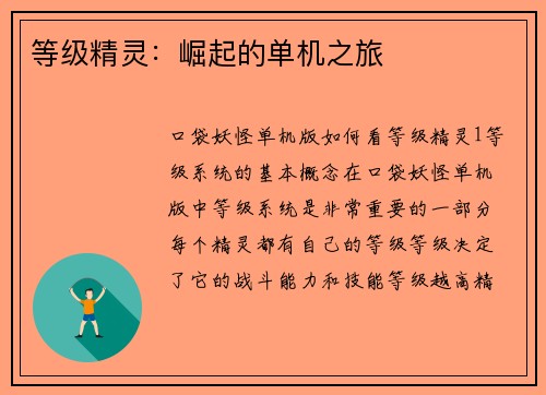 等级精灵:崛起的单机之旅